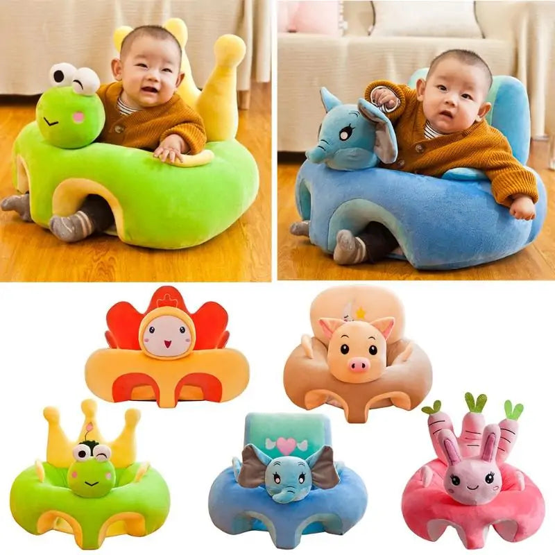 Two images show a baby seated in soft, plush Cute Baby Sofas from Gigi & Jade Kids Co. shaped like animals. One chair is a green frog, and the other is a blue elephant. Below are three more animal-shaped chairs: an orange crab, a pink pig, and a purple rabbit with green ears and antlers. These ergonomic designs support cognitive development.