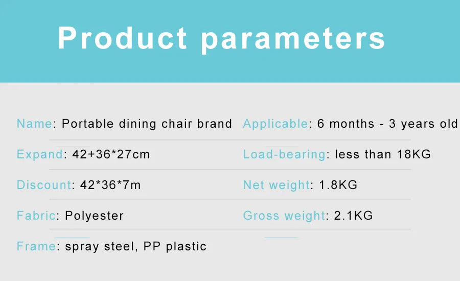 An image displaying the product parameters for the Gigi & Jade Kids Co. Portable Baby Dinning Chair. Specifications include dimensions, fabric type, sturdy construction frame material, applicable age range, load-bearing capacity, weight, and a discounted dimension. The text is formatted on a blue and white background.