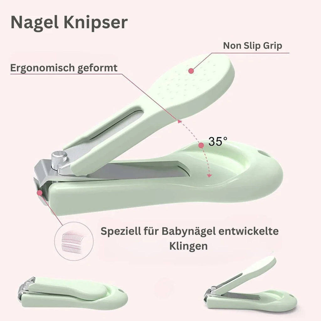 The light green Baby Nail Care Set by Gigi & Jade Kids Co. is thoughtfully designed for babies, featuring an ergonomic form, a non-slip grip, and a precise 35-degree angle. The image showcases the specially developed blades for baby's sensitive skin and includes a side view that demonstrates its compact design. German text is also present in the image.