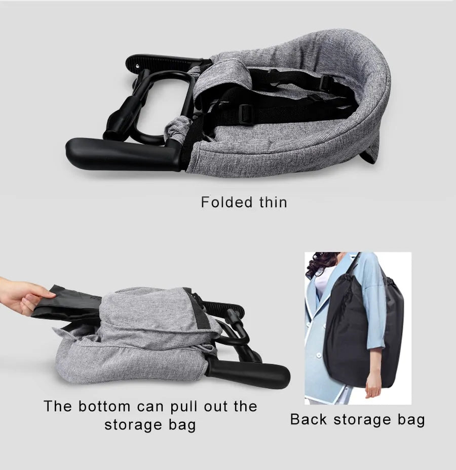 Image showing the Gigi & Jade Kids Co. Portable Baby Dining Chair in two configurations: the upper part highlights its sturdy construction as it folds thinly, while the lower part shows a hand pulling a storage bag from the chair, accompanied by an inset image of a woman carrying this safe seating solution in a black storage bag on her back.