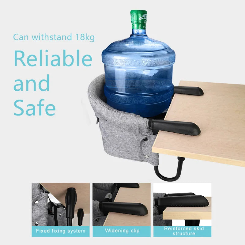 A product image showcases Gigi & Jade Kids Co.’s Portable Baby Dining Chair securely holding a large water bottle, demonstrating its strength. Text reads "Can withstand 18kg. Reliable and Safe." Insets highlight features: fixed fixing system, widening clip, and reinforced skid structure for safe seating.